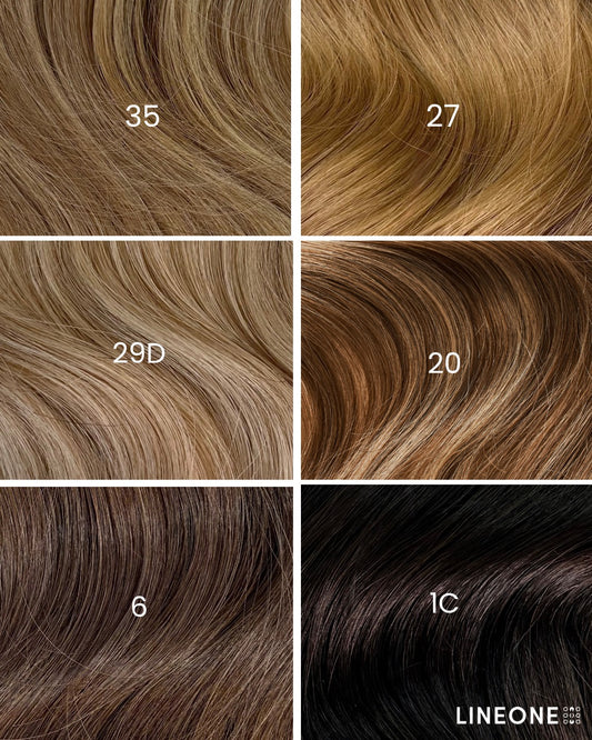 LINEONE Hair color swatch chart showing six shades labeled 35 27 29D 20 6 and 1C