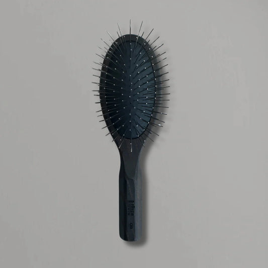 Ibiza Hair x LINEONE CX8 extension brush, oval black cushion with stainless pins and dark handle