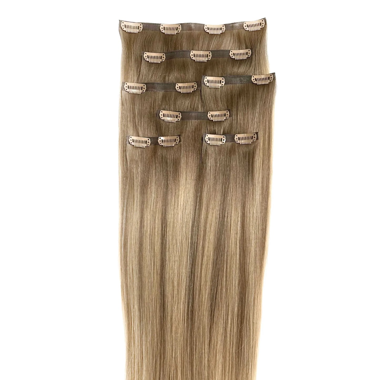 LINEONE Hair Bright Blonde clip-in extension wefts laid flat showing sandy blonde balayage from root to tip