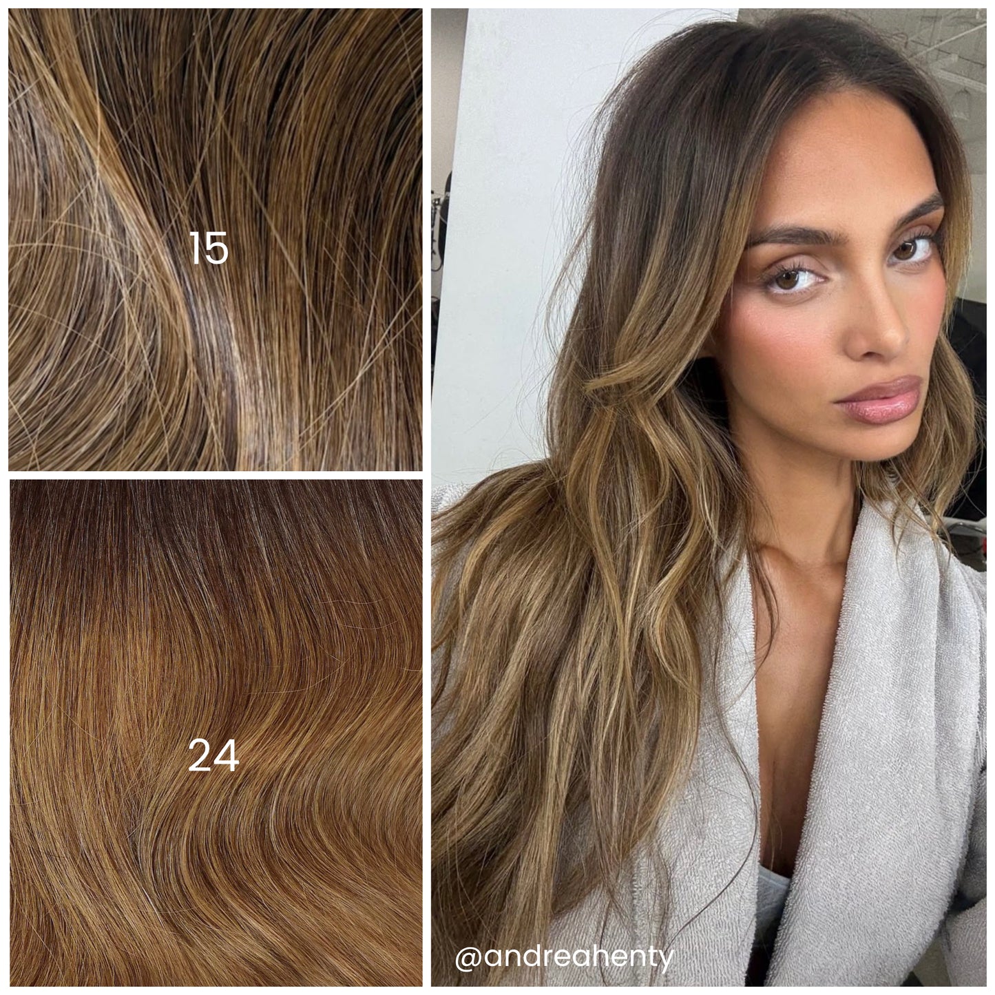 Model with LINEONE Hair 24 Brunette Blonde Balayage extensions, long wavy hair with subtle balayage and beige top