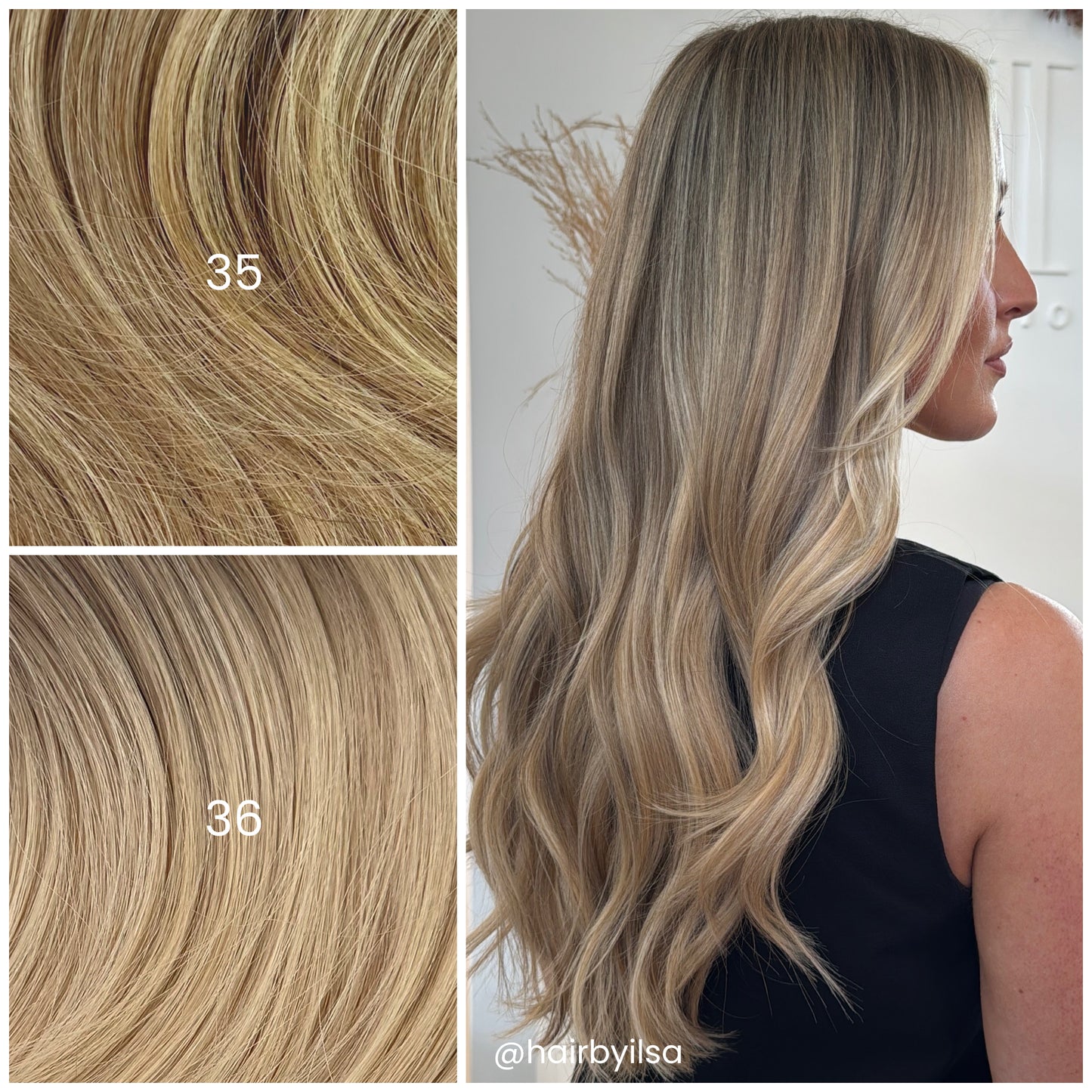 Side profile of model with LINEONE Hair 35 Rooted Lowlighted Blonde extensions, long sandy blonde balayage waves