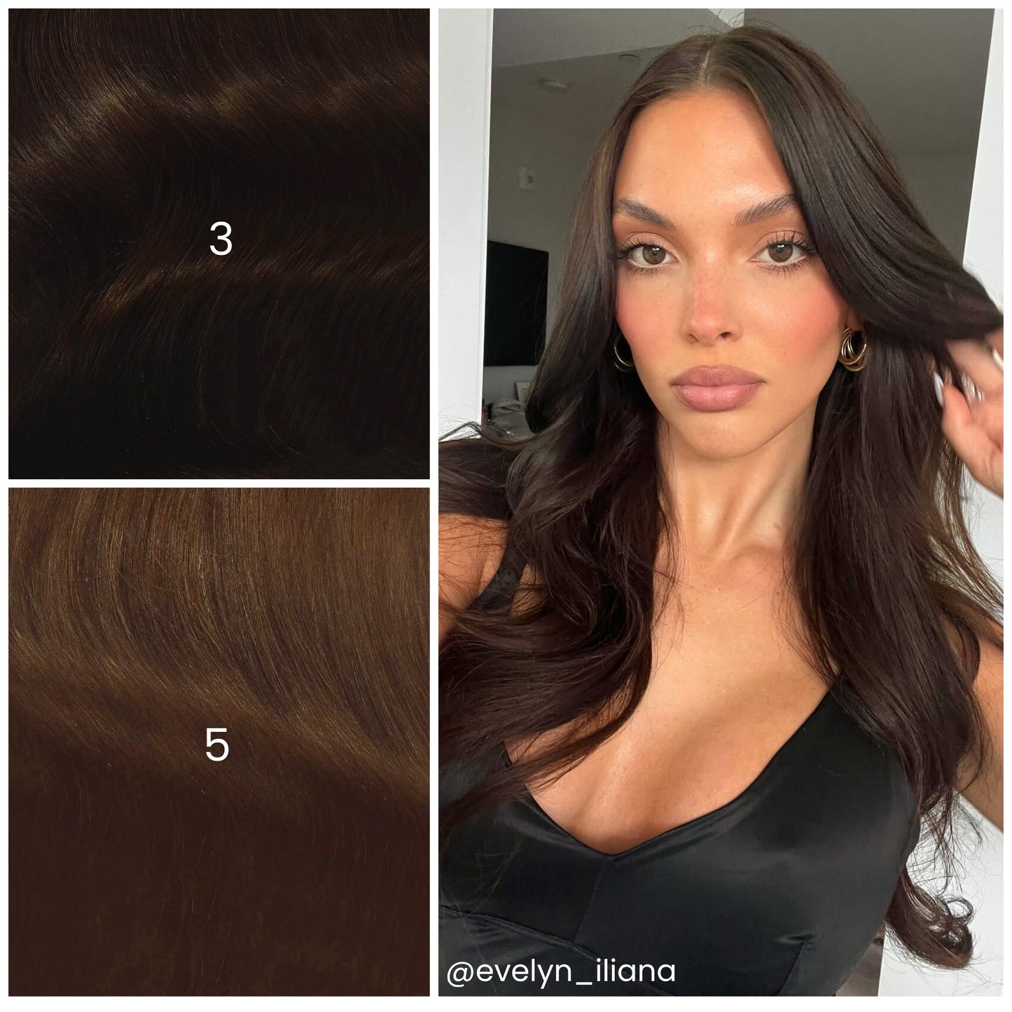 Close-up of model with LINEONE Hair 3 Darkest Warm Brunette extensions, long glossy waves beside shades 3 and 5