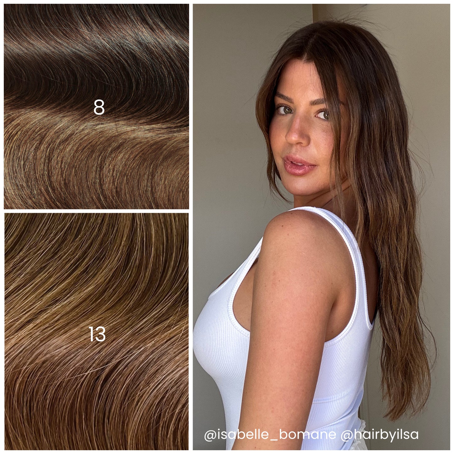 LINEONE hair color swatches 8 and 13 dark chocolate brown shades alongside model with long straight dark brown hair extensions