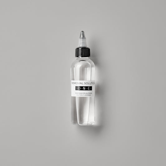 LINEONE Hair Removal Solution clear bottle with black twist cap and One label noting 91% alcohol