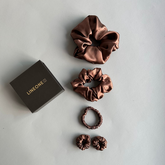 SOFTWEAR Hair Tie Set in copper brown silk with LINEONE Hair gift box flat lay