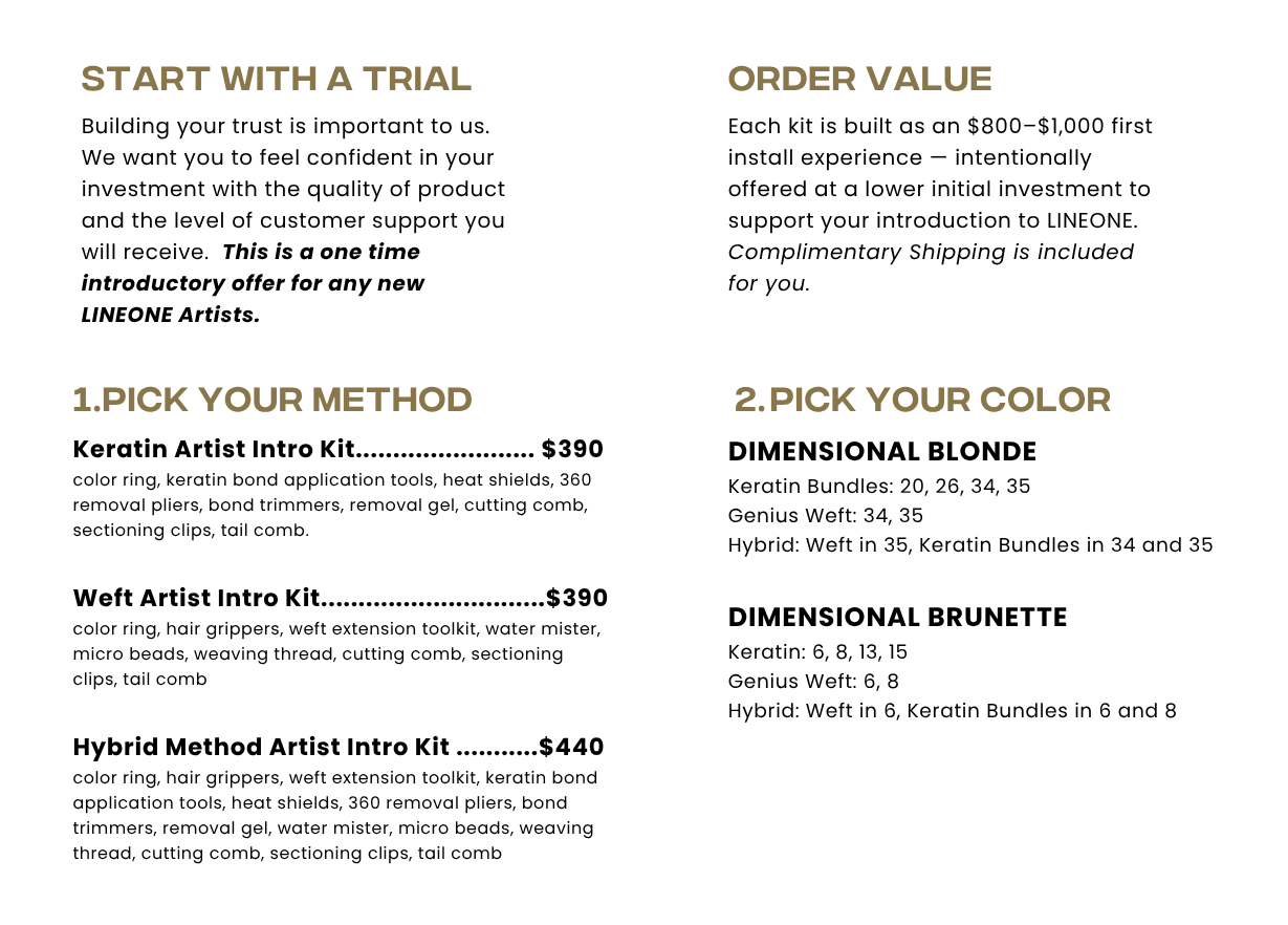 LINEONE Hair Artist Intro Kit brand deck listing Keratin, Weft and Hybrid Method tiers and Dimensional Brunette shade bundles