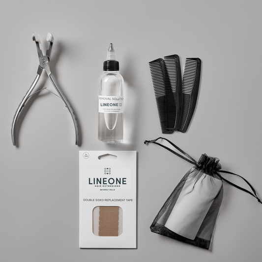 LINEONE Hair Tape Extension Toolkit with pliers, glue remover bottle, foil holders, removal strips packet and mesh pouch