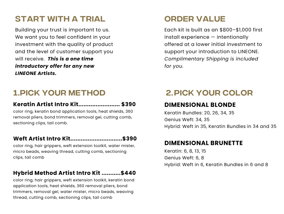 LINEONE Hair Artist Intro Kit brand deck with Keratin, Weft and Hybrid Method pricing and Dimensional Brunette color bundles