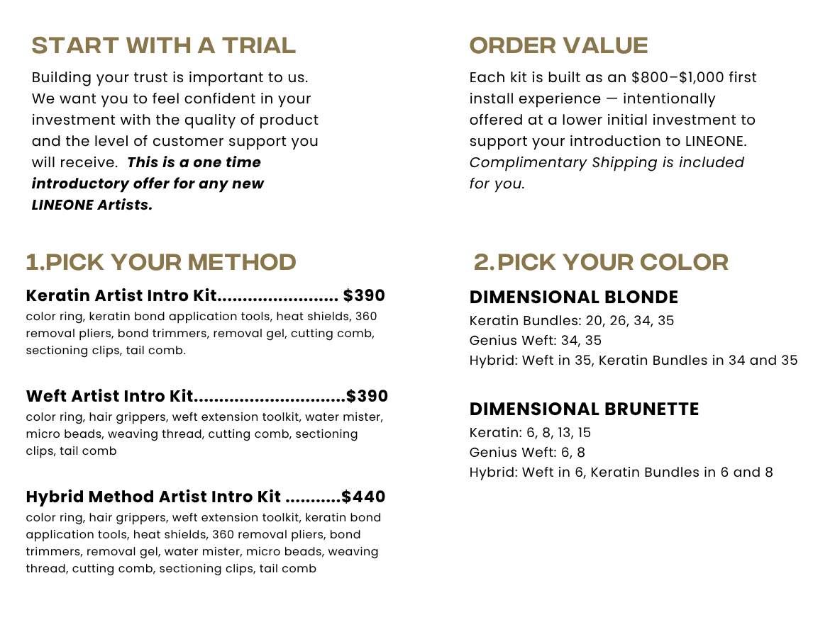 LINEONE Hair 2026 Artist Intro Kit brand deck showing Keratin, Weft and Hybrid Method pricing with Dimensional Blonde shade