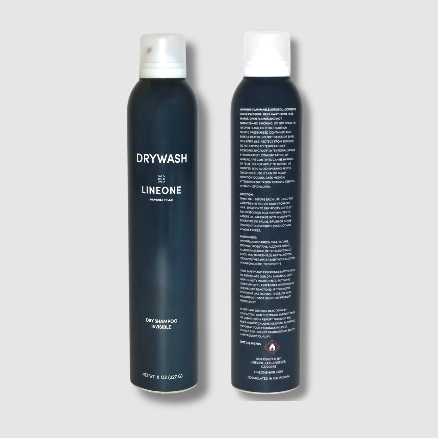 Front and back of the DRYWASH dry shampoo can showing directions and ingredients