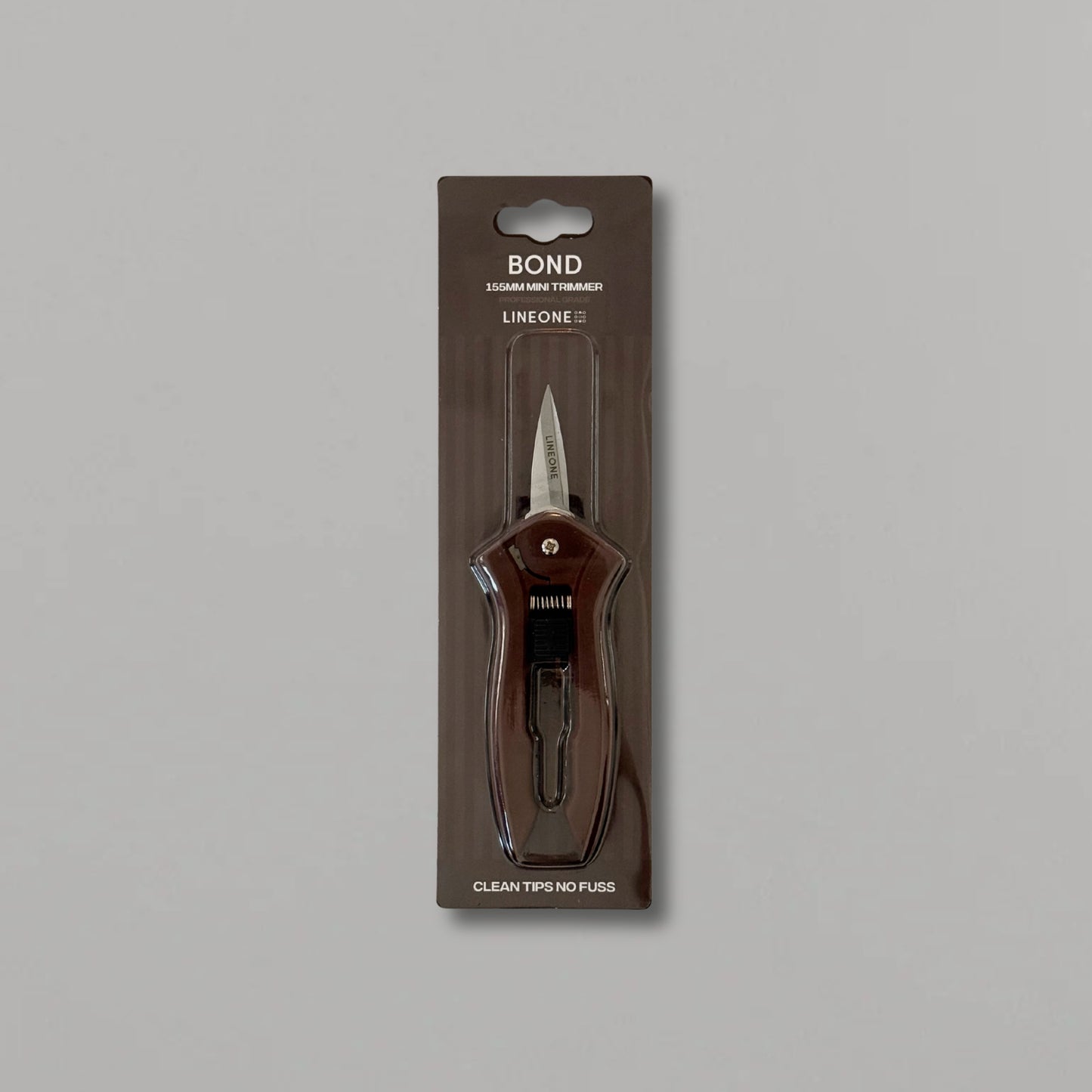 LINEONE Bond 155mm Mini Trimmer scissor tool in retail packaging on gray background - Clean Tips No Fuss hair trimming tool