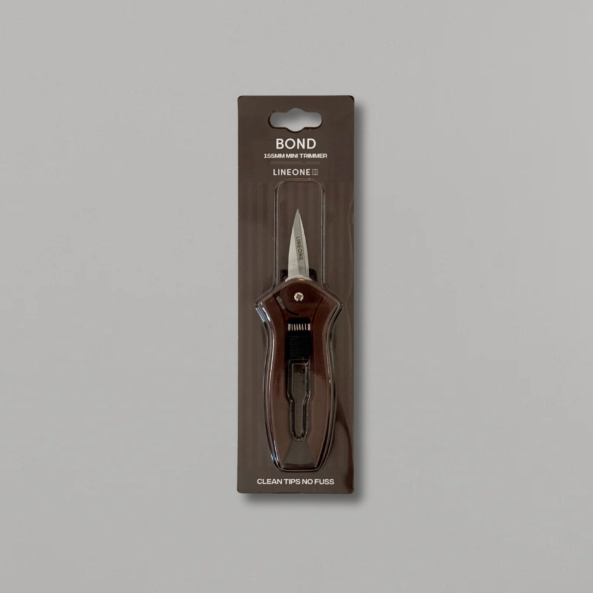 LINEONE Bond 155mm Mini Trimmer scissor tool in retail packaging on gray background - Clean Tips No Fuss hair trimming tool