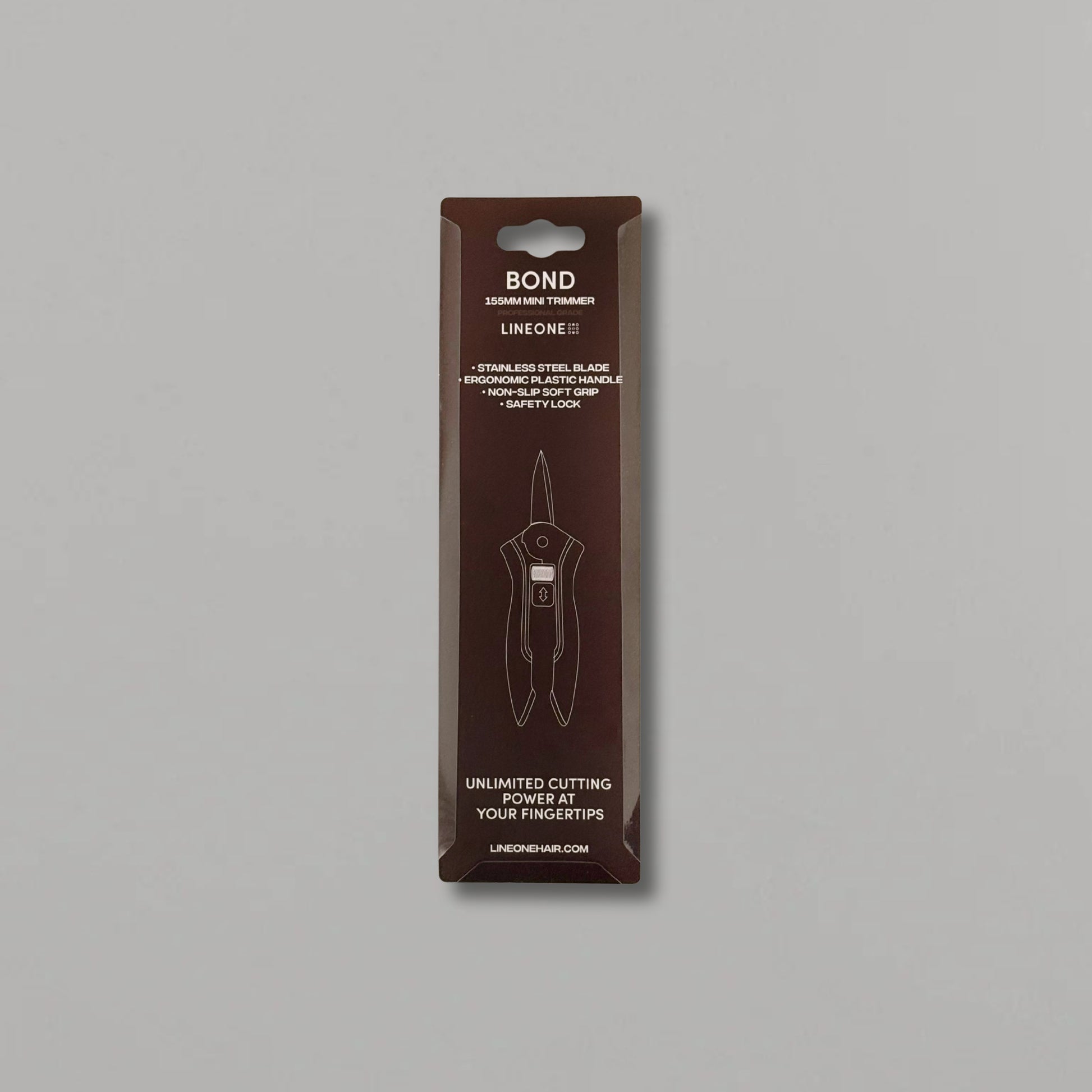 LINEONE Bond 355mm Mini Trimmer in retail packaging showing stainless steel blade hair trimmer on gray background