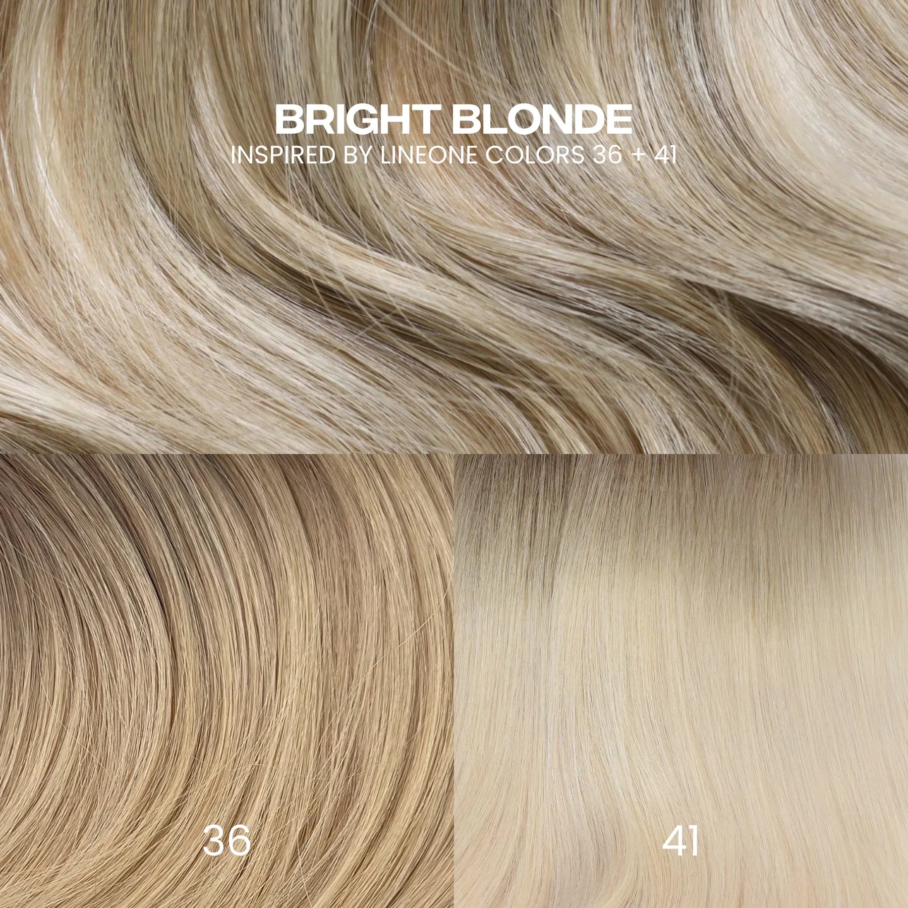 Detail of LINEONE Hair Bright Blonde clip-in extensions beside shades 36 and 41, wavy light blonde texture
