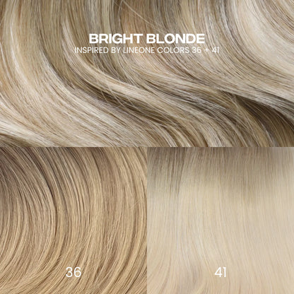 Detail of LINEONE Hair Bright Blonde clip-in extensions beside shades 36 and 41, wavy light blonde texture