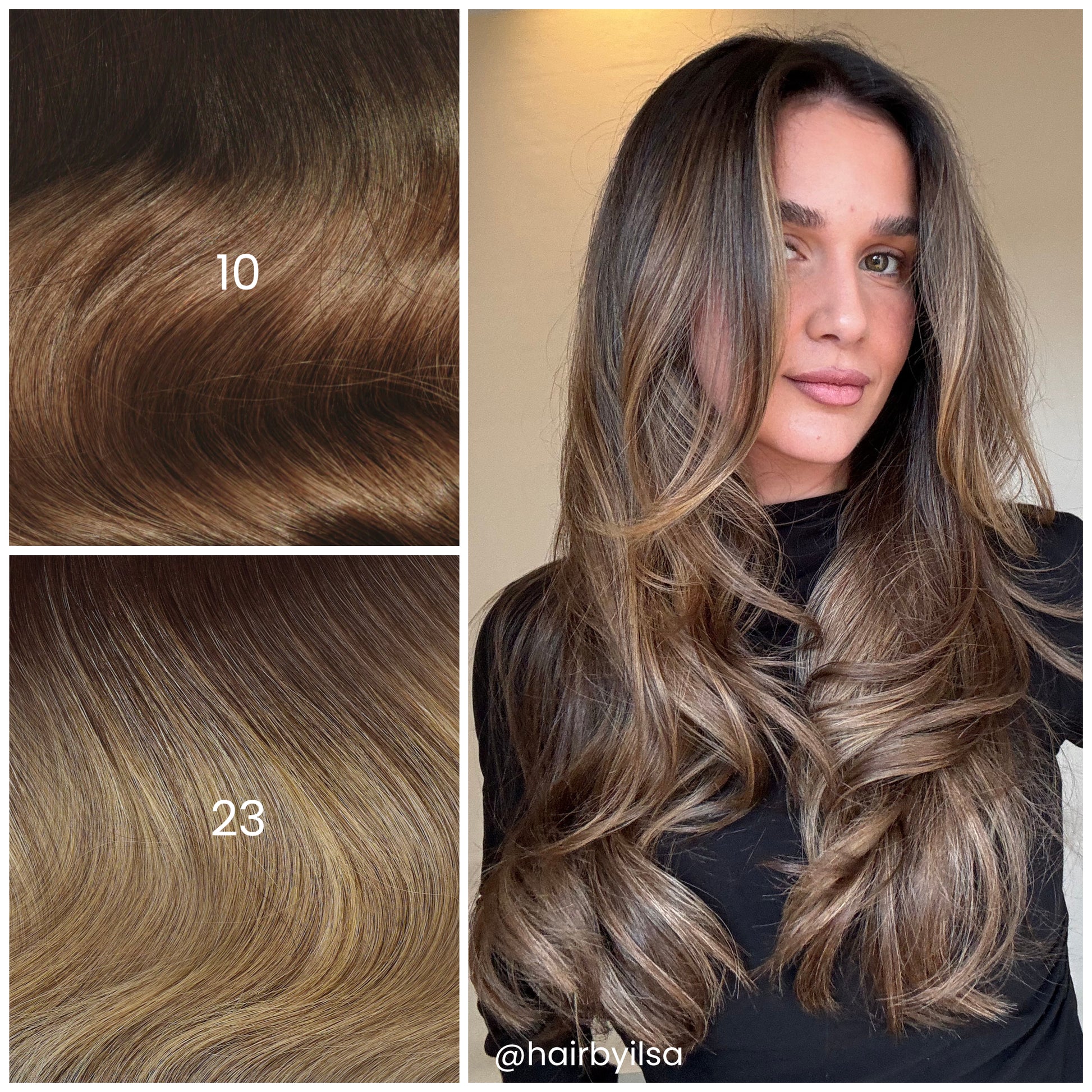 Model with LINEONE Hair 23 Cool Dimensional Balayage extensions, long brunette balayage with caramel money piece
