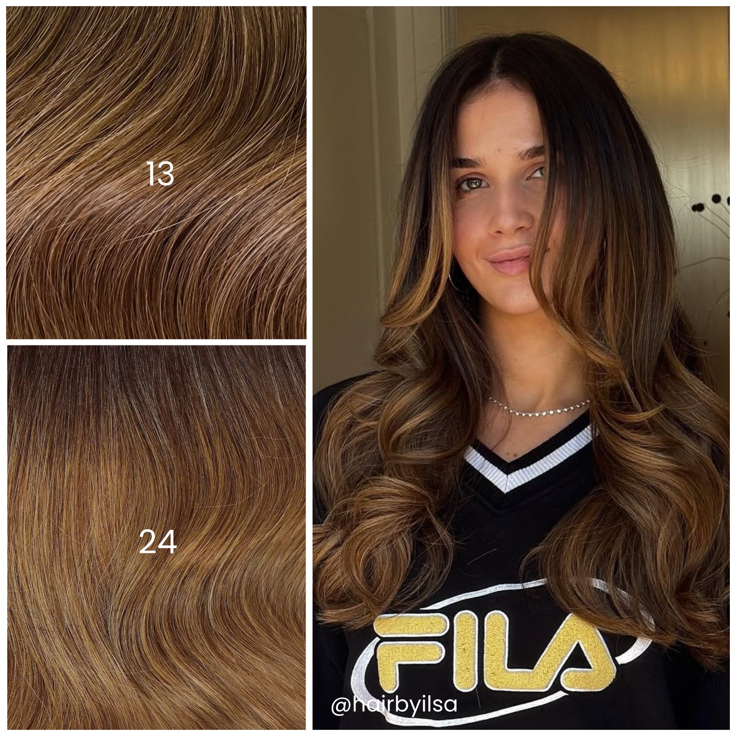 Model with LINEONE Hair 24 Brunette Blonde Balayage extensions beside shades 13 and 24, long waves with caramel money piece