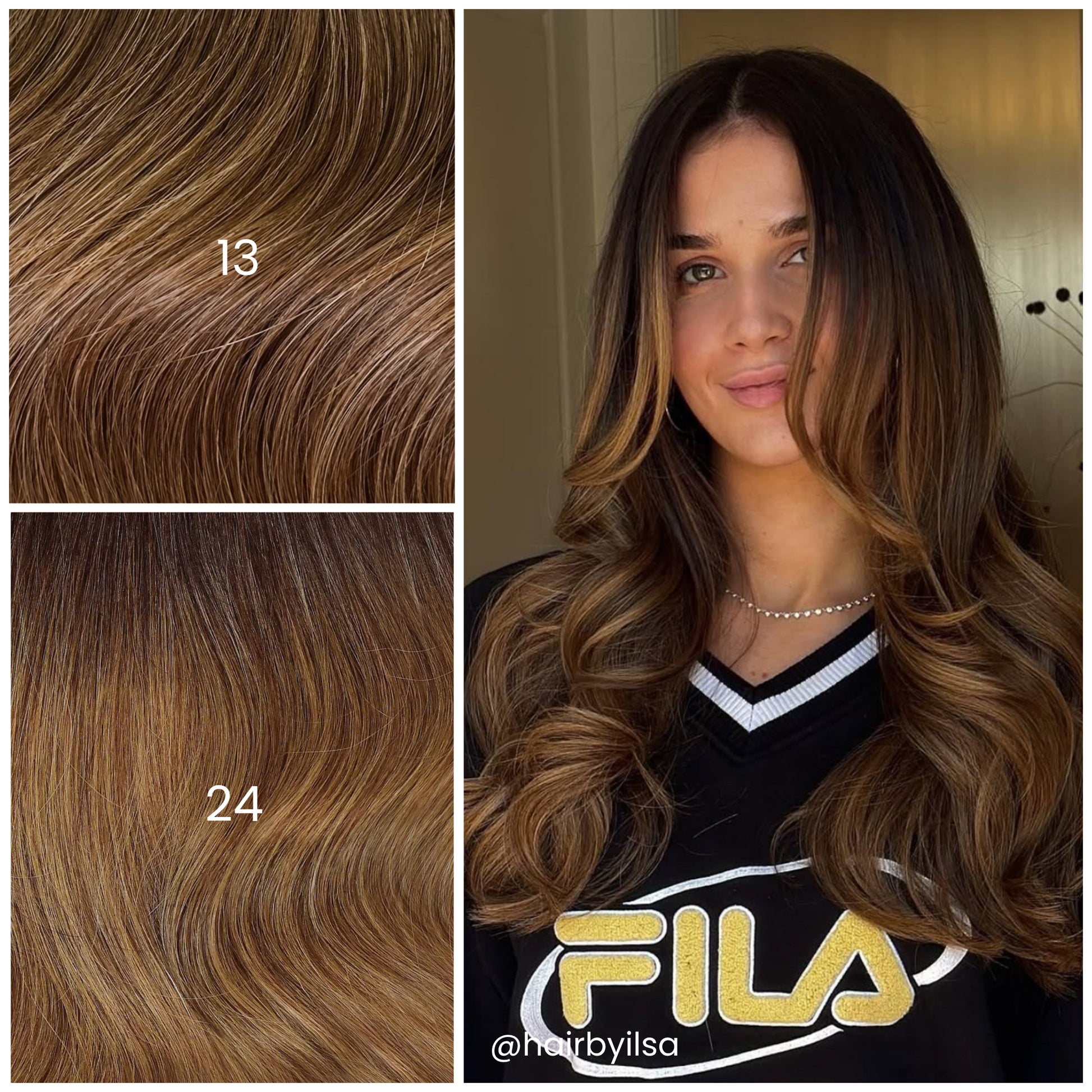 Model with LINEONE Hair 24 Brunette Blonde Balayage extensions beside shades 13 and 24, long waves with caramel money piece