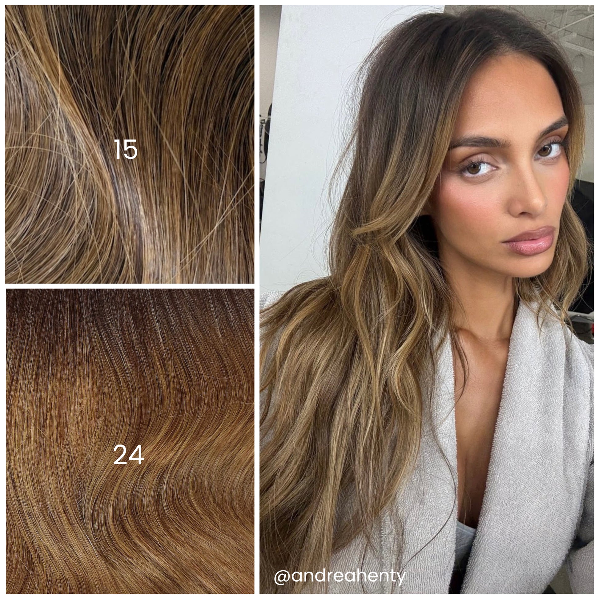 Model with LINEONE Hair 24 Brunette Blonde Balayage extensions, long wavy hair with subtle balayage and beige top