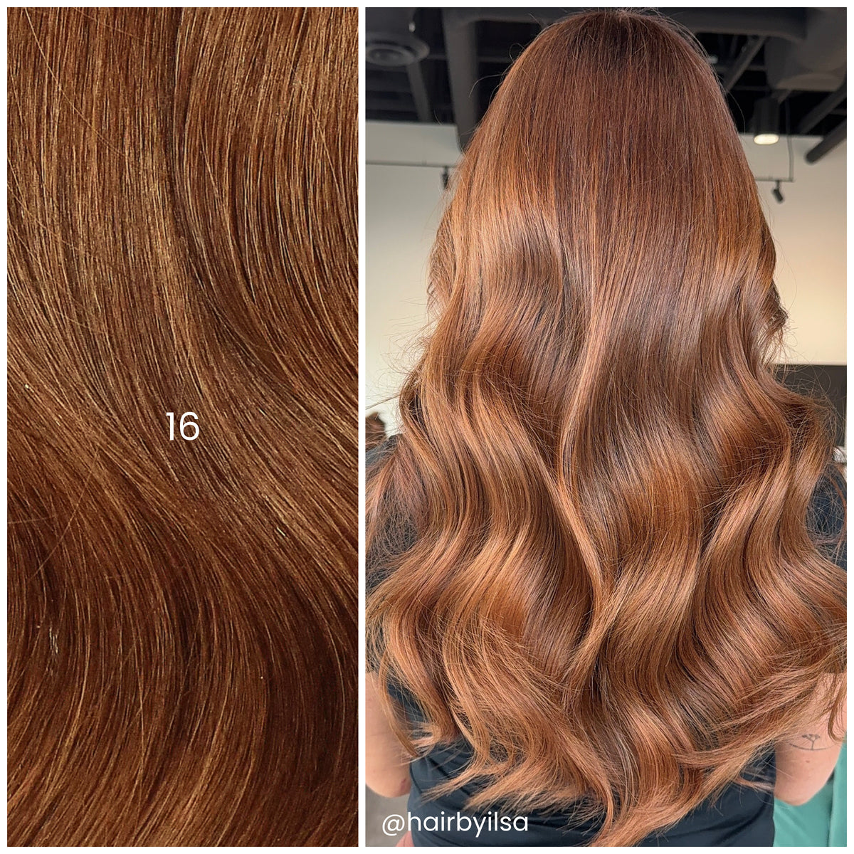 Back view of model with LINEONE Hair 16 Natural Copper (Level 7) extensions, long polished copper waves in salon