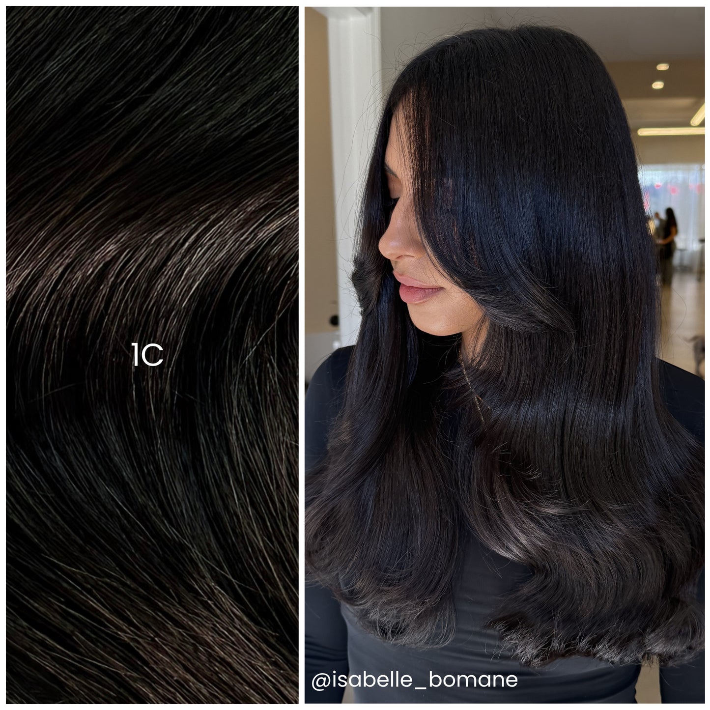 Side profile of model with LINEONE Hair 1C Cool Soft Black extensions, glossy mid-length blowout waves in salon