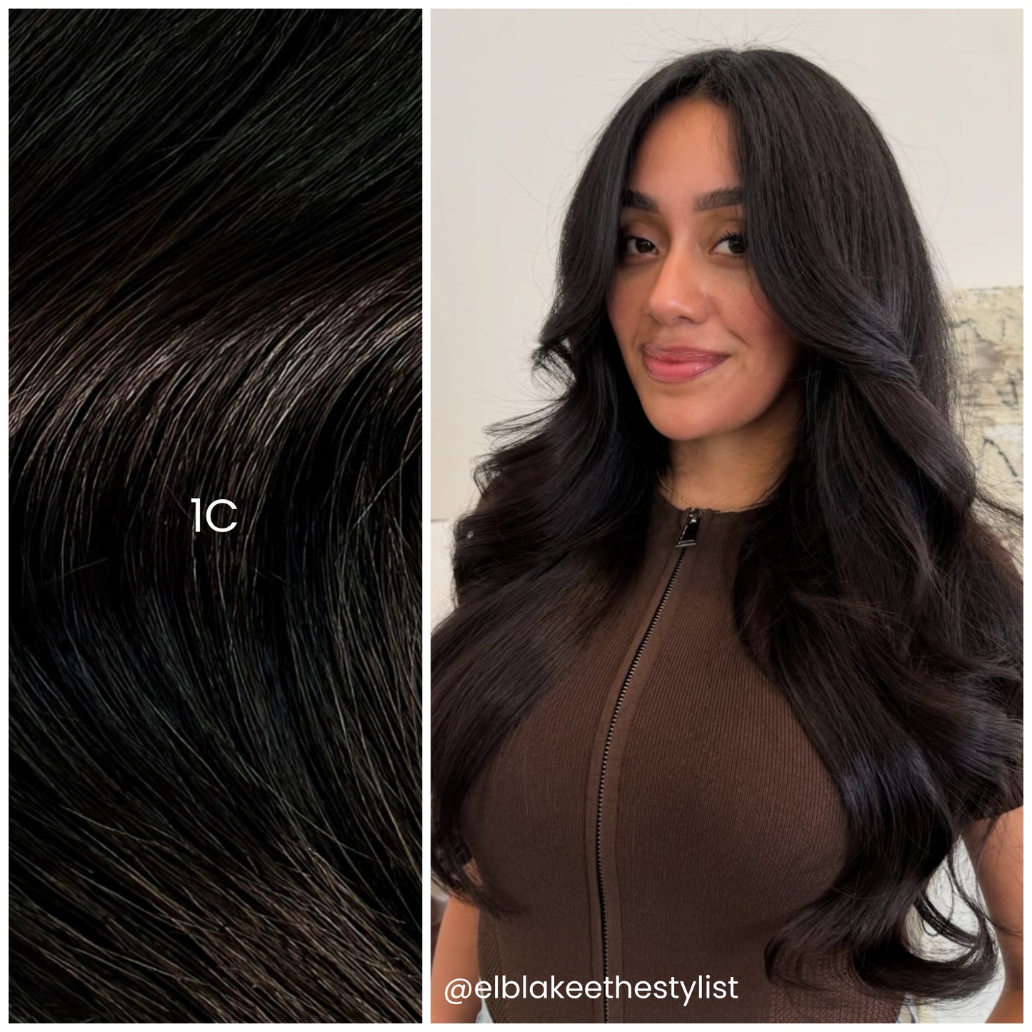 Model with LINEONE Hair 1C Cool Soft Black extensions, long bouncy curls in soft cool black shade and brown top
