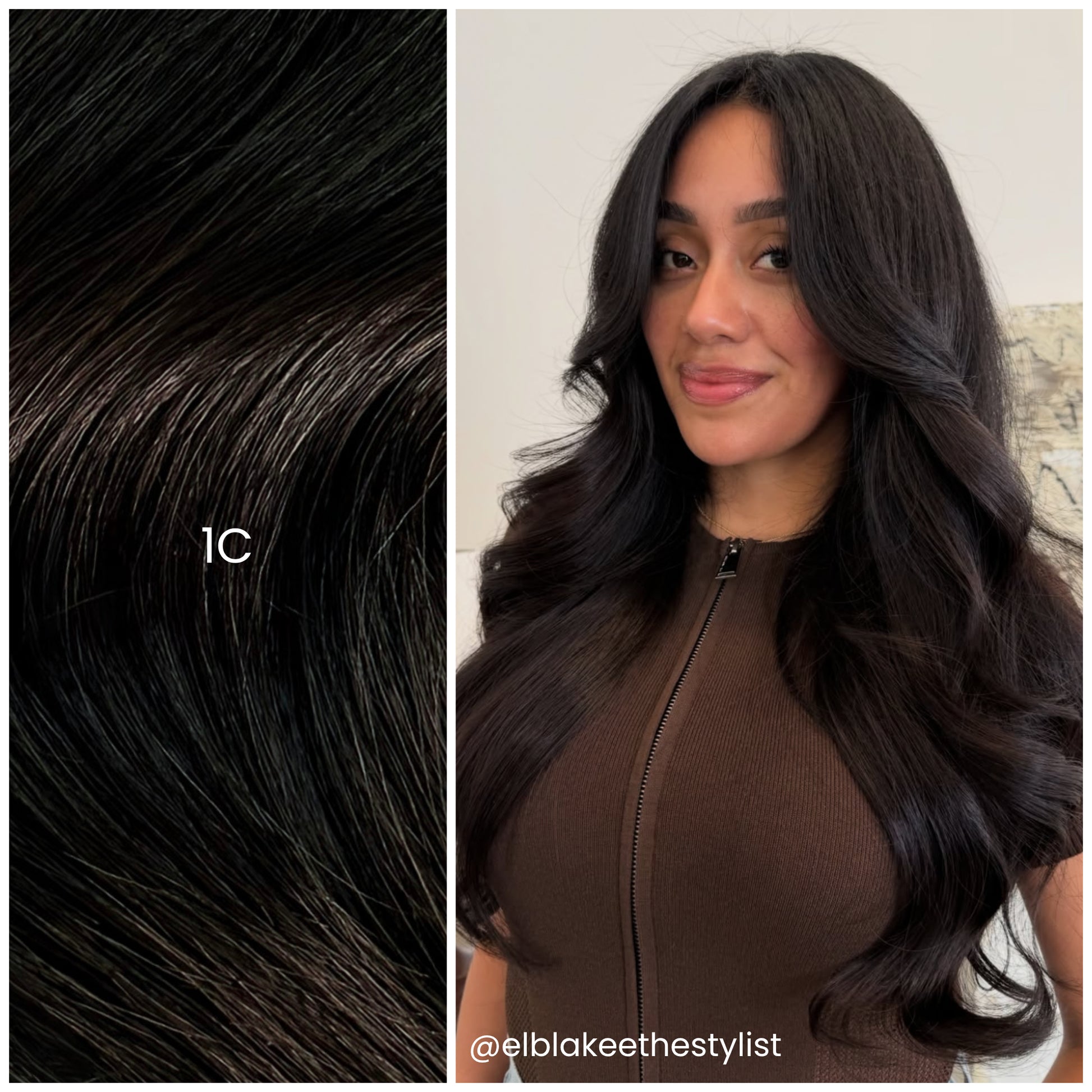 Model with LINEONE Hair 1C Cool Soft Black extensions, long bouncy curls in soft cool black shade and brown top