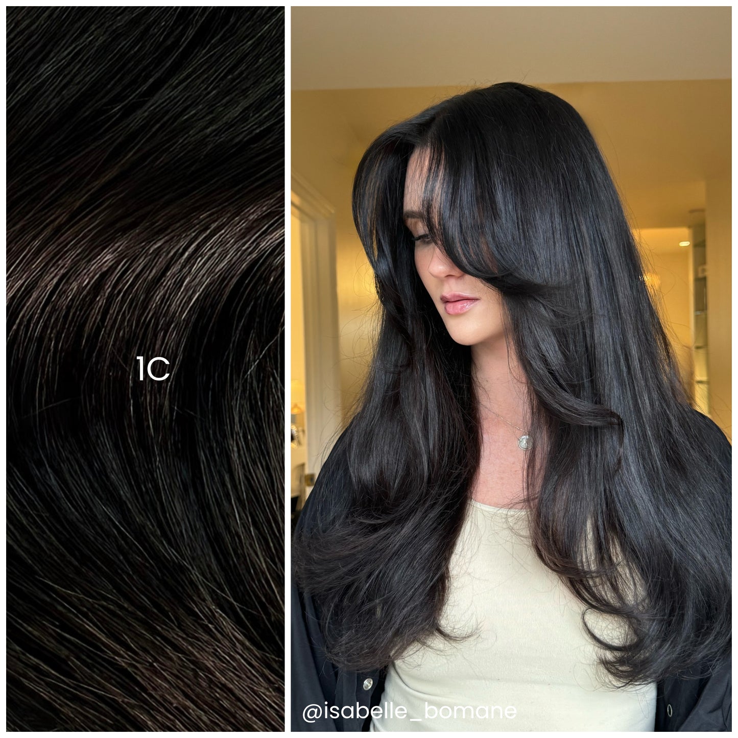 Model with LINEONE Hair 1C Cool Soft Black extensions, long sleek face-framing layers with side-swept fringe