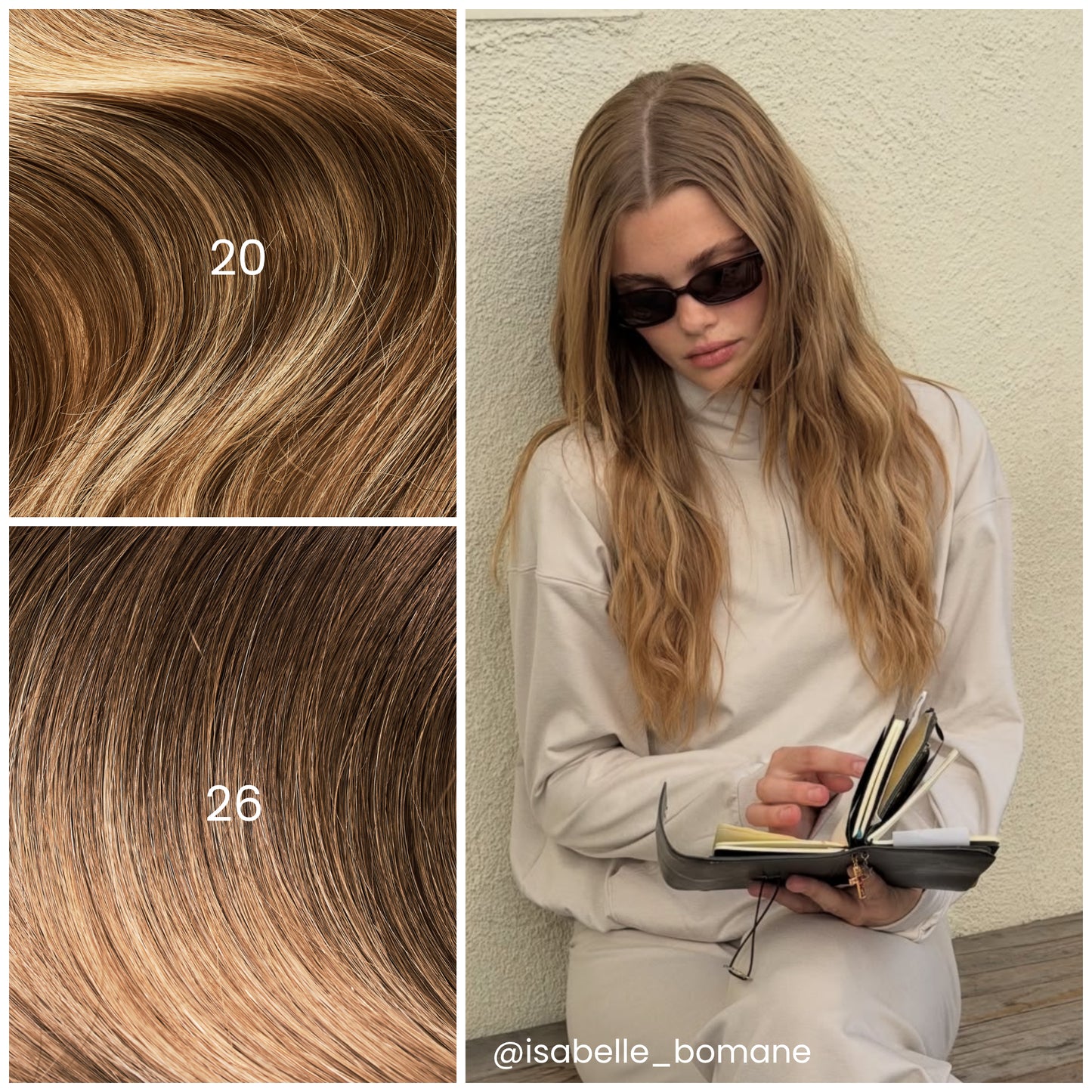 Model with LINEONE Hair 26 Rooted Neutral Bronde extensions reading outdoors, long wavy warm bronde hair and sunglasses
