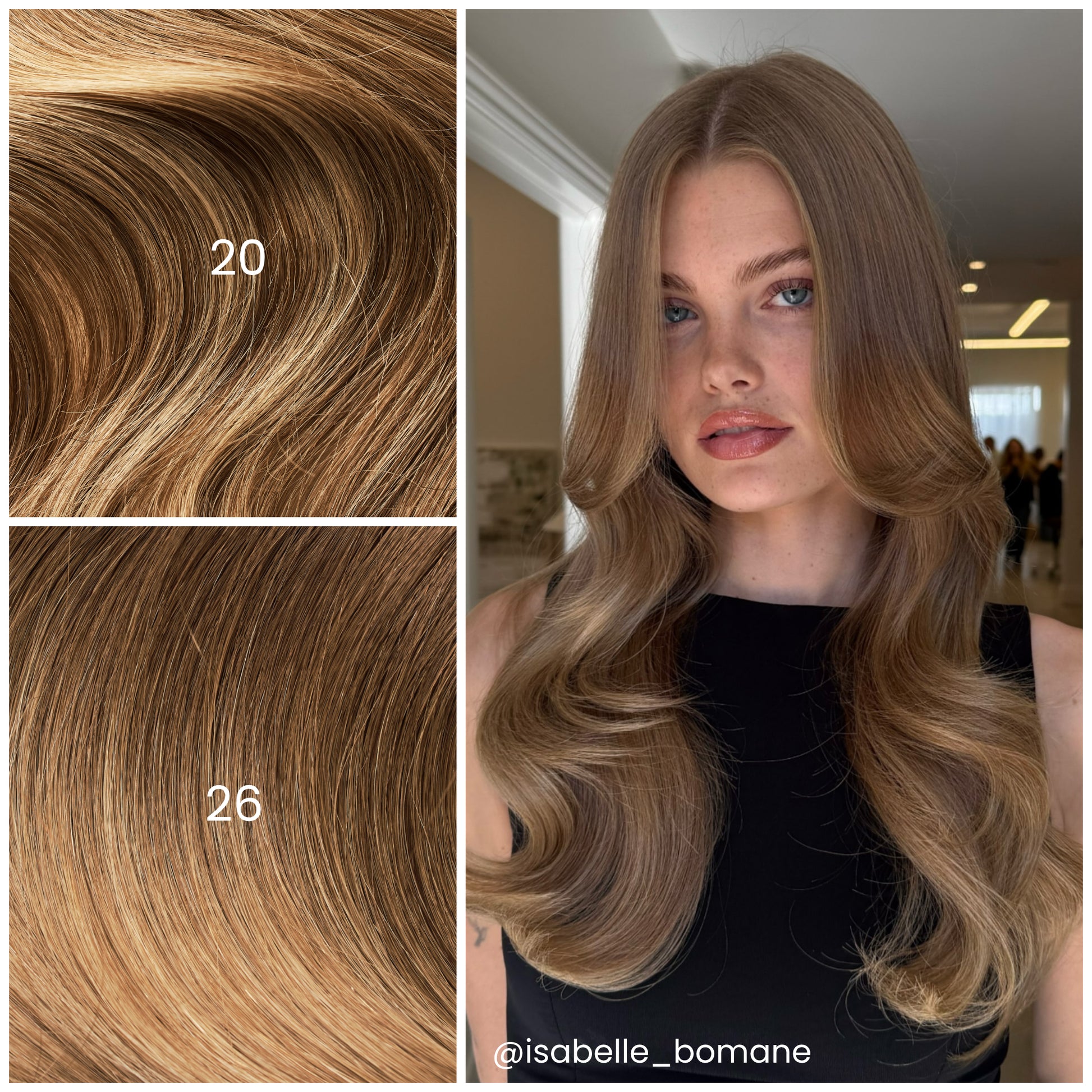Model with LINEONE Hair 26 Rooted Neutral Bronde extensions, long voluminous warm bronde curls and side fringe