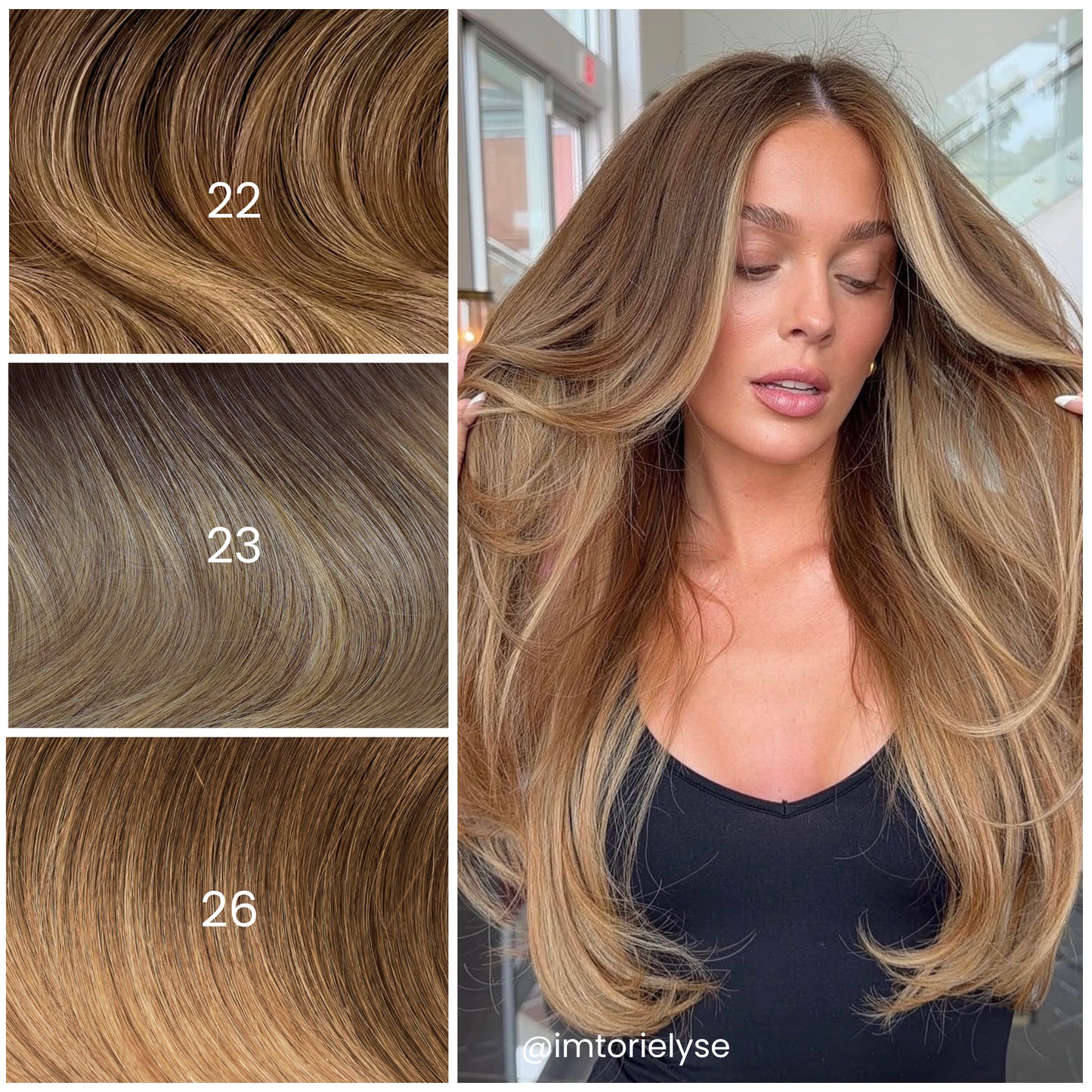 Model with LINEONE Hair 23 Cool Dimensional Balayage extensions, long voluminous waves with bright golden face-framing