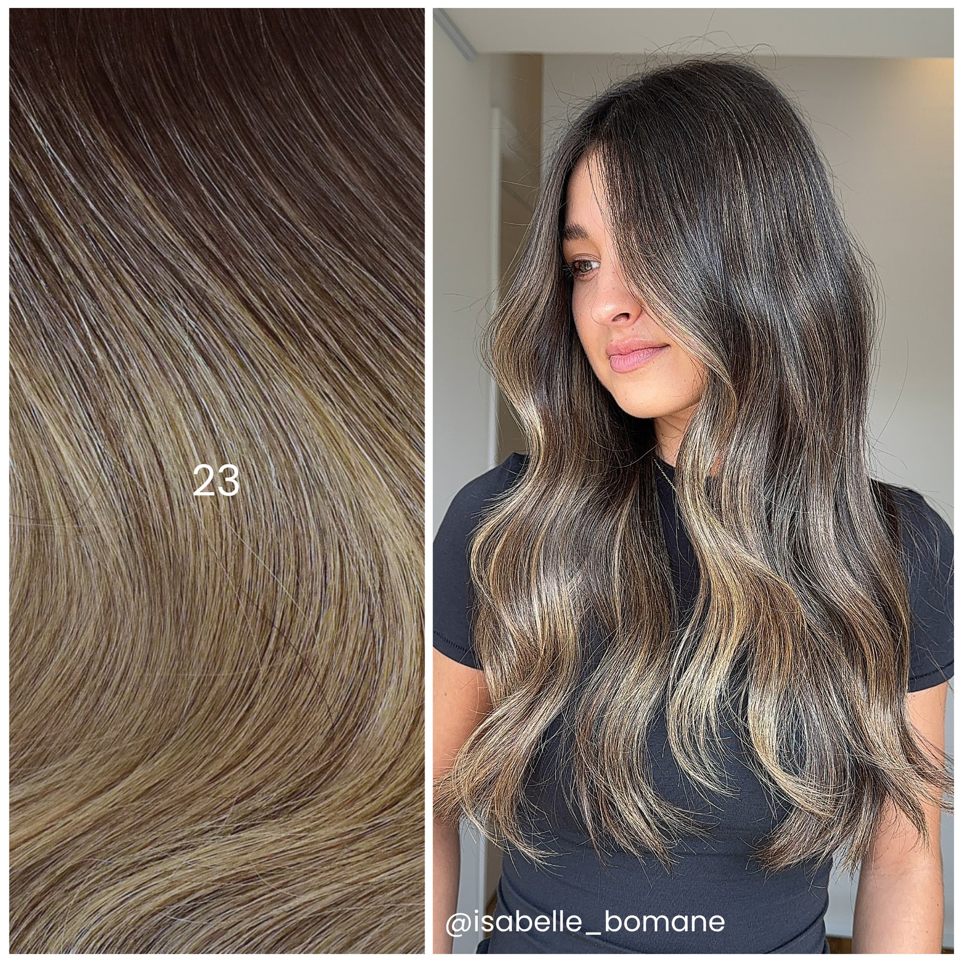 Model with LINEONE Hair 23 Cool Dimensional Balayage extensions, long cool ash brunette balayage waves in black top