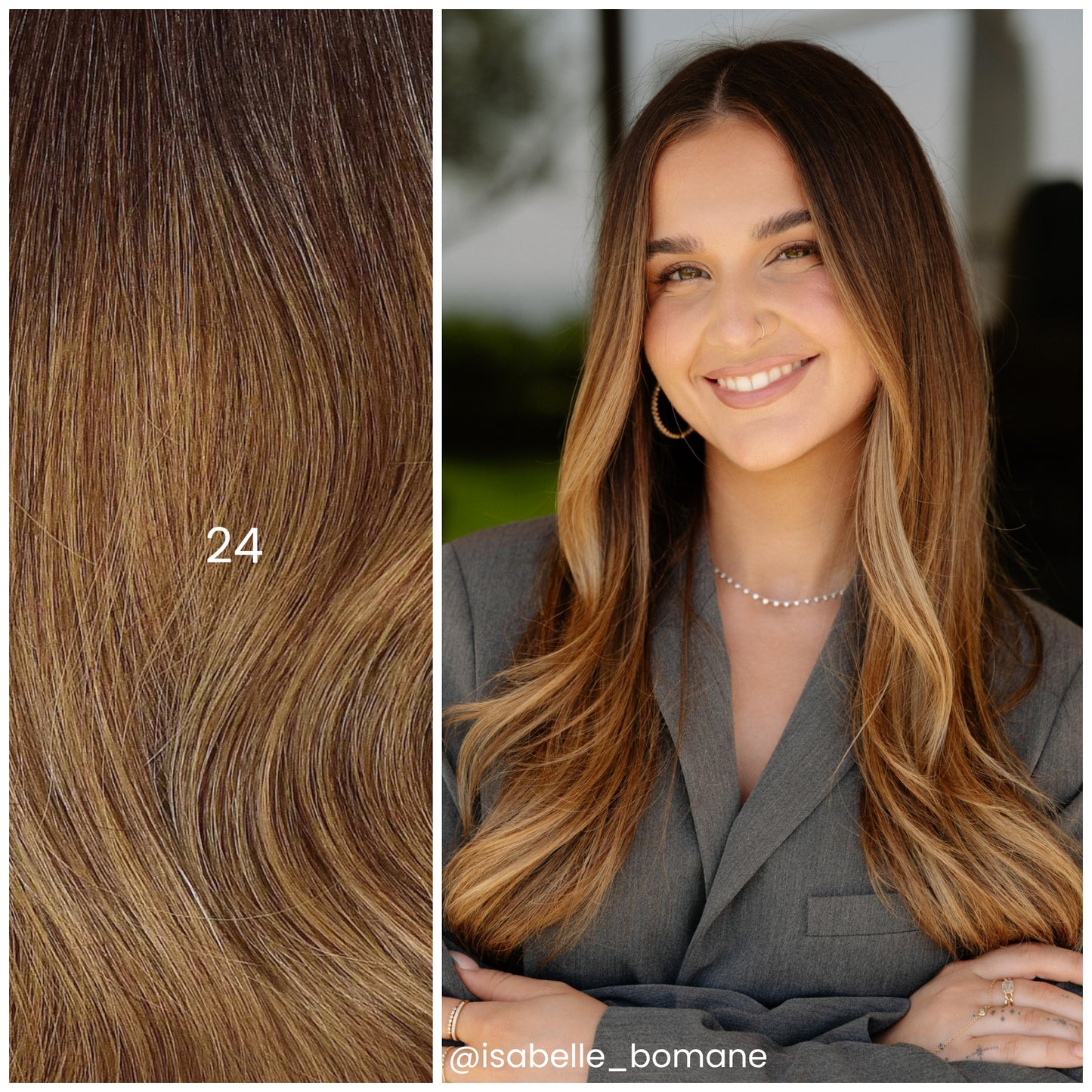 Smiling model with LINEONE Hair 24 Brunette Blonde Balayage extensions, long bronde balayage waves in grey blazer