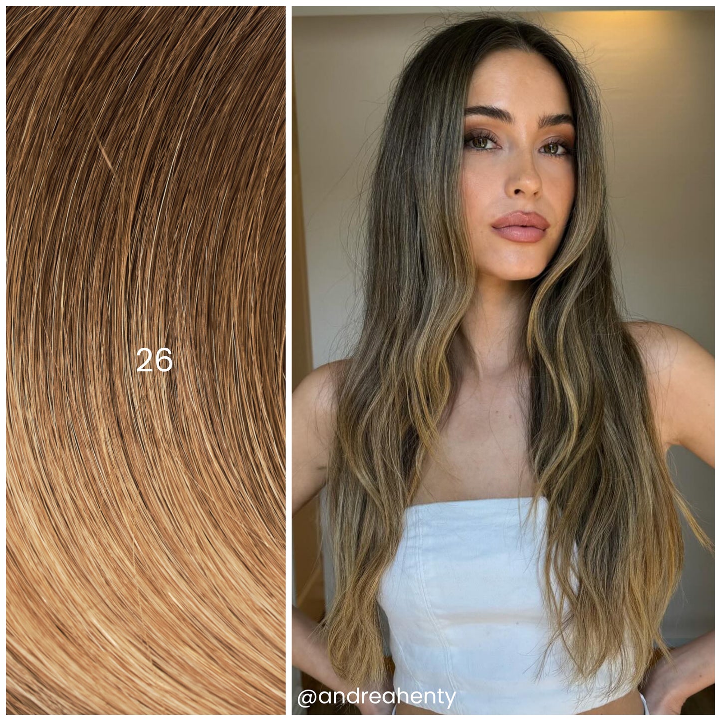 Model with LINEONE Hair 26 Rooted Neutral Bronde extensions, long straight bronde hair with subtle highlights in white top