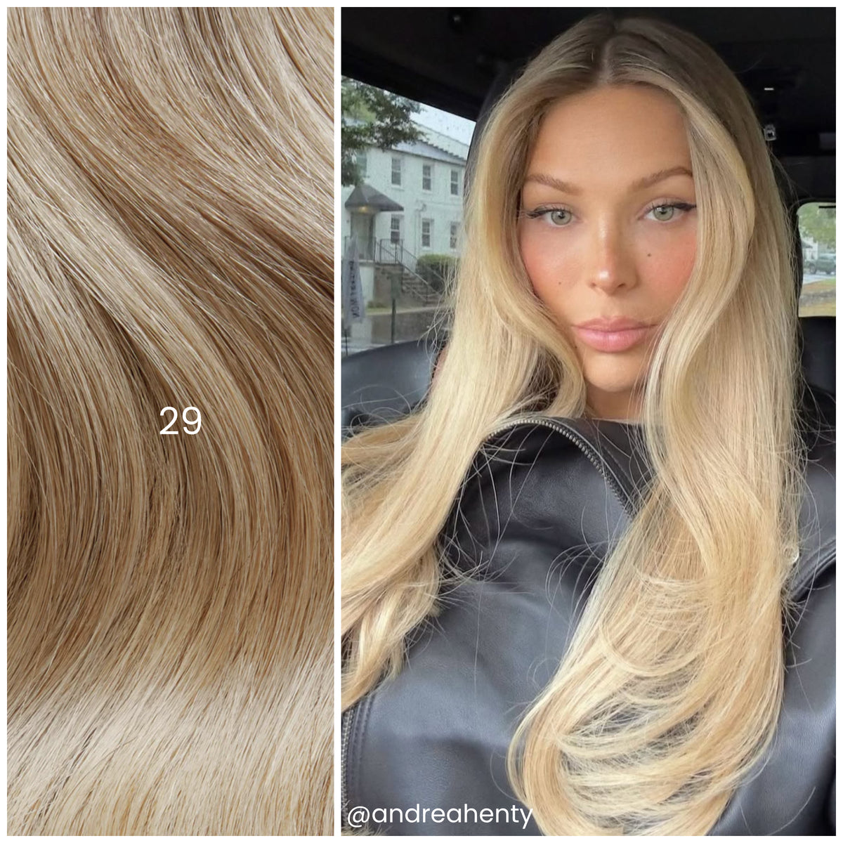 Selfie of model with LINEONE Hair 29 Rooted Medium Dimensional Blonde extensions, long sleek warm blonde hair in car