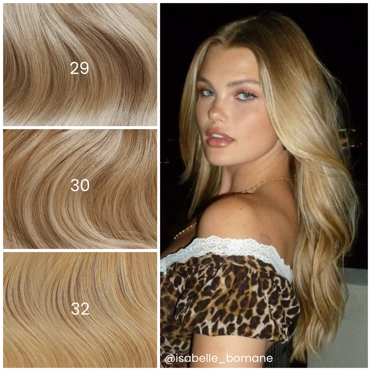 Editorial shot of model with LINEONE Hair 29 Medium Dimensional Blonde extensions, golden blonde waves in leopard top