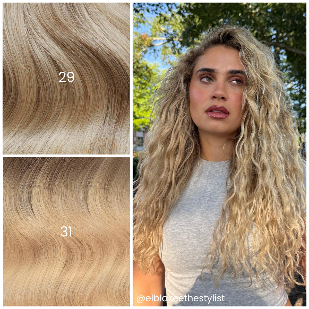 Outdoor portrait of model with LINEONE Hair 29 Medium Dimensional Blonde extensions, voluminous curly blonde hair