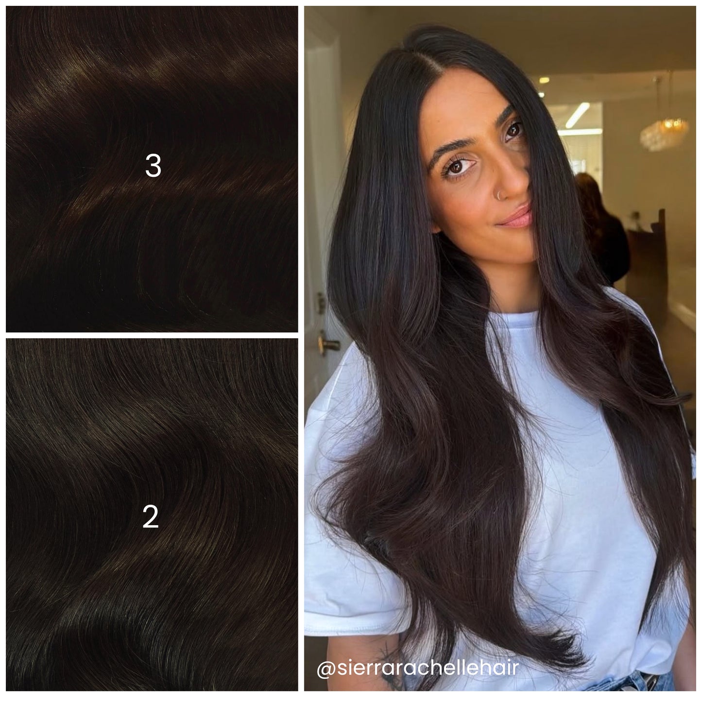 Model with LINEONE Hair 3 Darkest Warm Brunette extensions beside swatches 2 and 3, long sleek dark hair in white tee