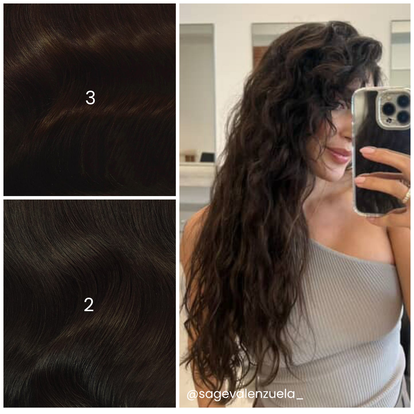 Mirror selfie of model with LINEONE Hair 3 Darkest Warm Brunette extensions, long tousled wavy dark brown hair