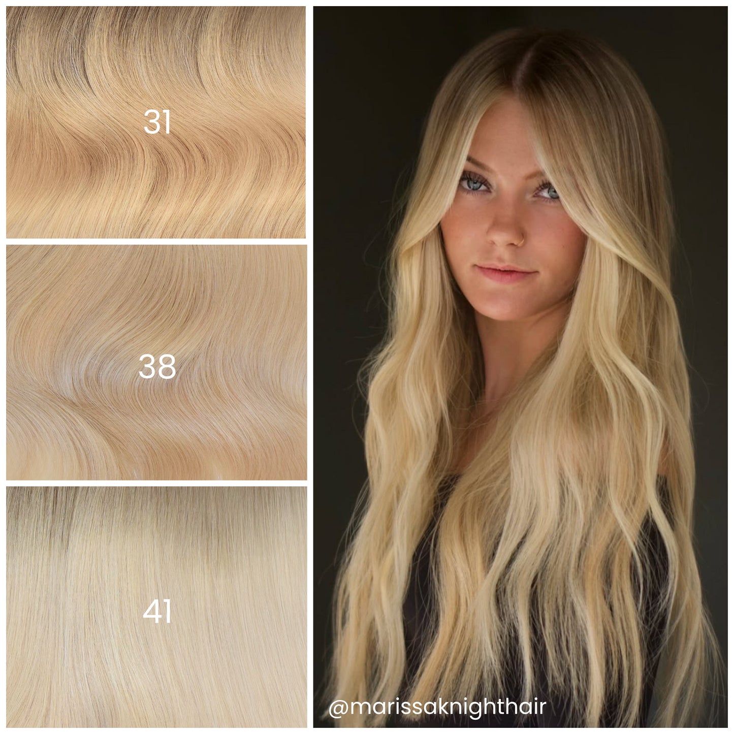 Model with LINEONE Hair 41 Lightest Cool Blonde extensions, very long flowing light blonde hair with shadow root