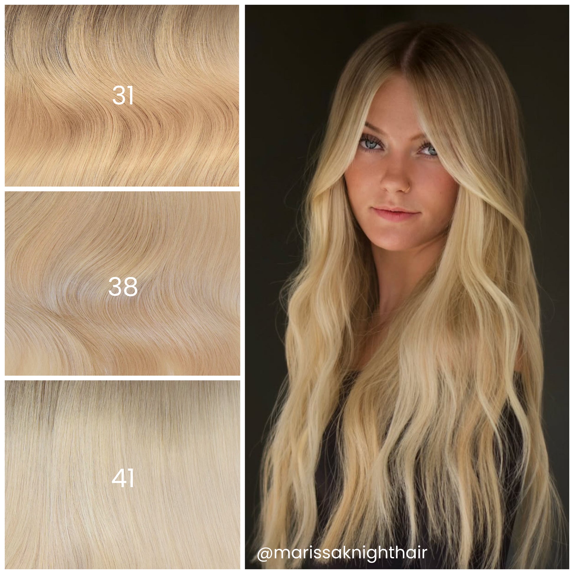 Model with LINEONE Hair 41 Lightest Cool Blonde extensions, very long flowing light blonde hair with shadow root