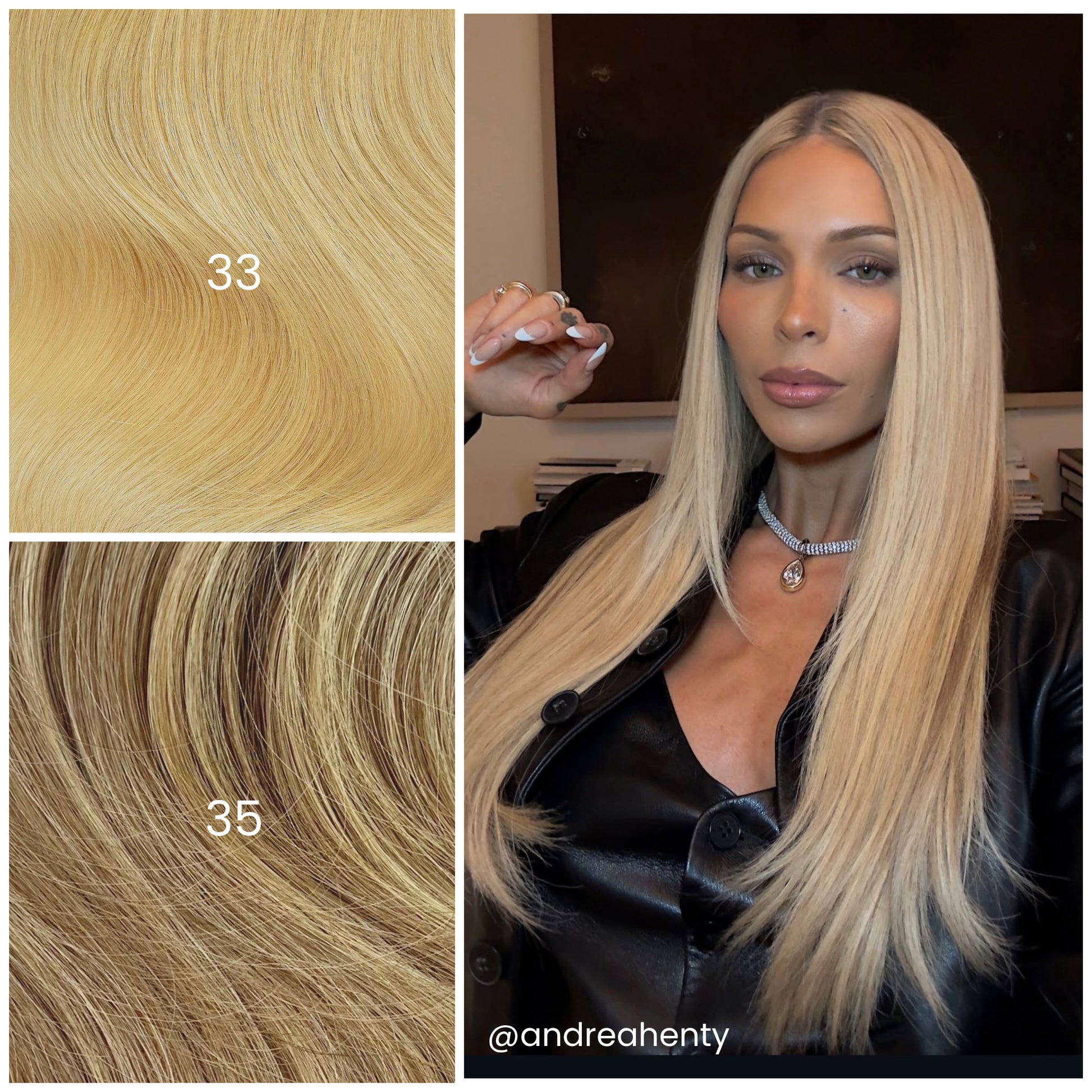 Model with LINEONE Hair 33 Light Golden Blonde extensions, long straight bright golden blonde hair in leather jacket