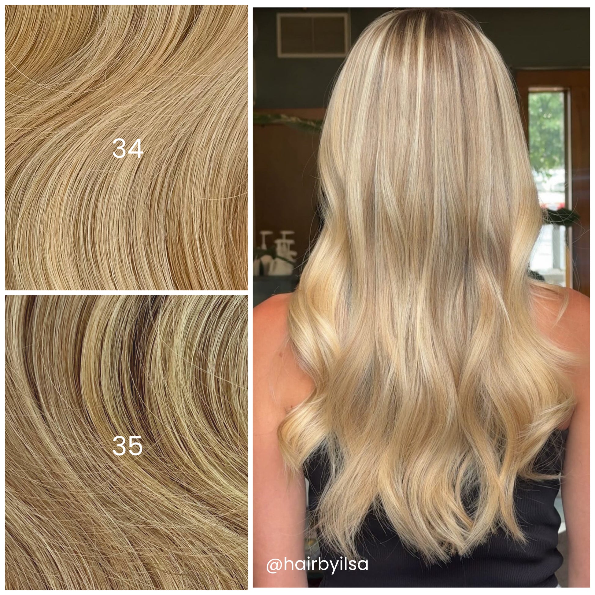 Back view of model with LINEONE Hair 35 Rooted Lowlighted Blonde extensions, long sleek cool blonde waves in salon