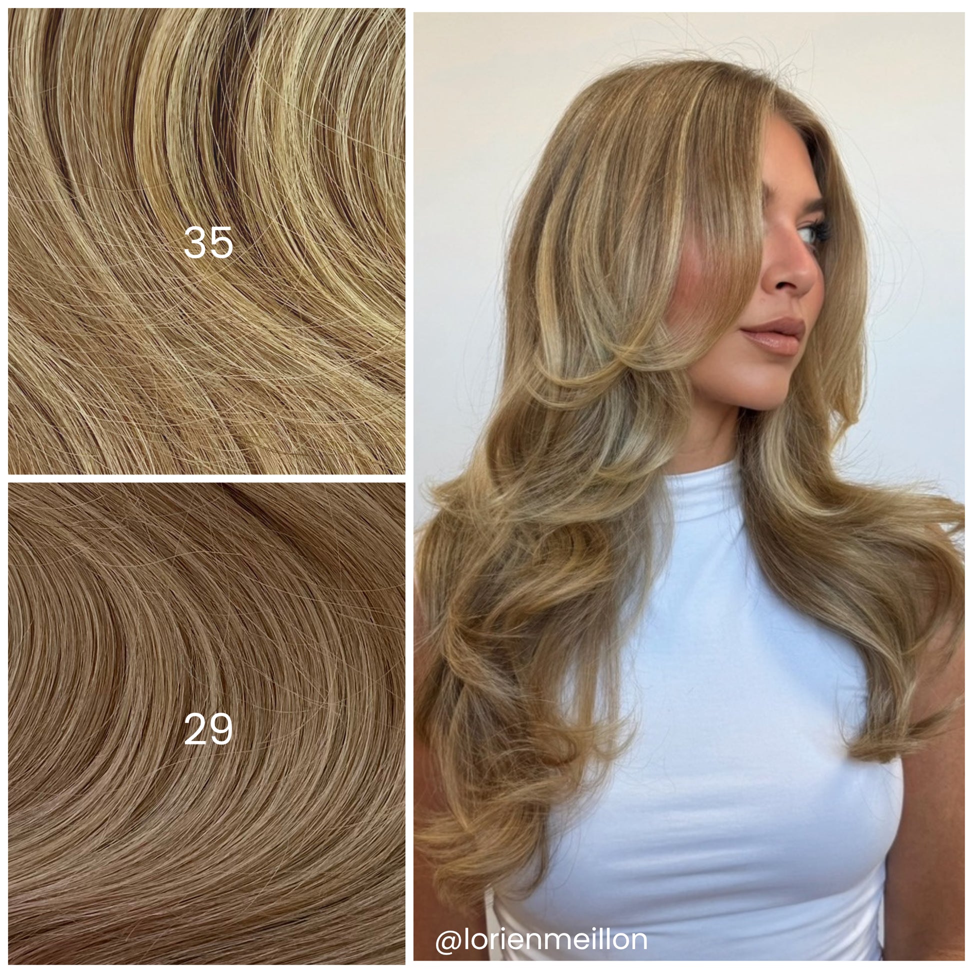 Side profile of model with LINEONE Hair 35 Rooted Lowlighted Blonde extensions, long bouncy blonde blowout waves in white top