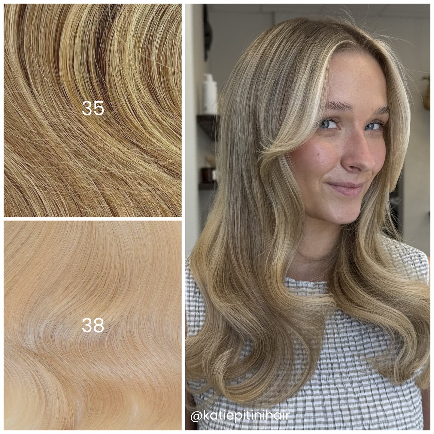 Smiling model with LINEONE Hair 38 Short Root Light Blonde extensions, long wavy light blonde blowout in gingham top