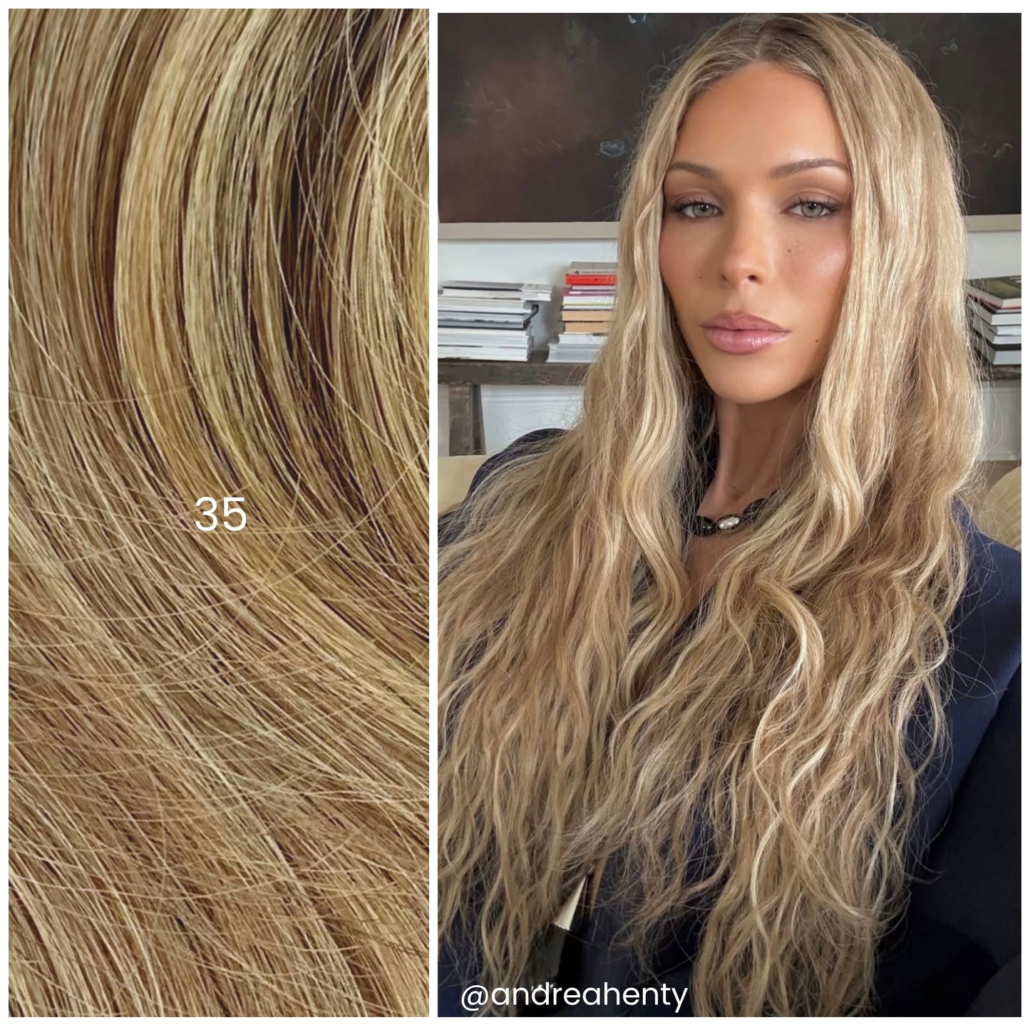 Selfie of model with LINEONE Hair 35 Rooted Lowlighted Blonde extensions, long tousled beachy blonde waves in library