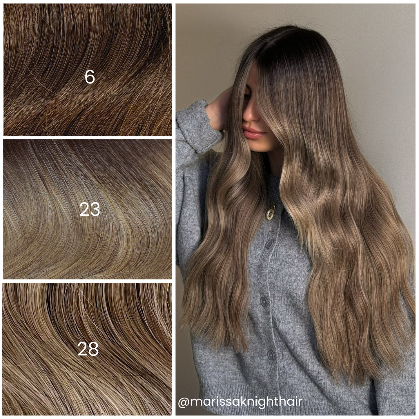 Model with LINEONE Hair 28 Short Root Dimensional Cool Blonde extensions, long wavy ashy balayage hair in grey cardigan