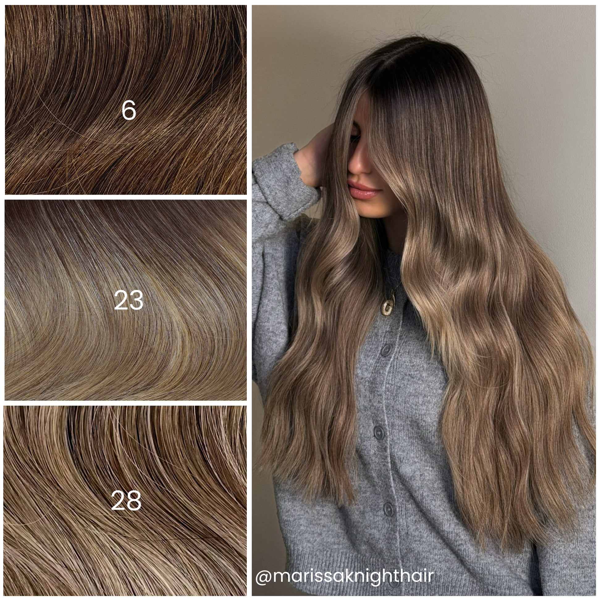 Model with LINEONE Hair 28 Short Root Dimensional Cool Blonde extensions, long wavy ashy balayage hair in grey cardigan