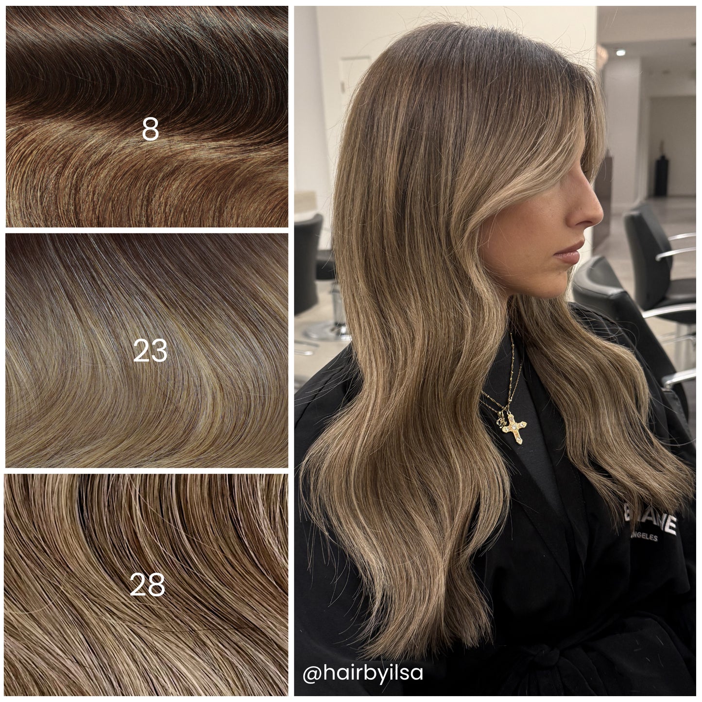 Side profile of model with LINEONE Hair 23 Cool Dimensional Balayage extensions, long wavy ashy balayage in black robe