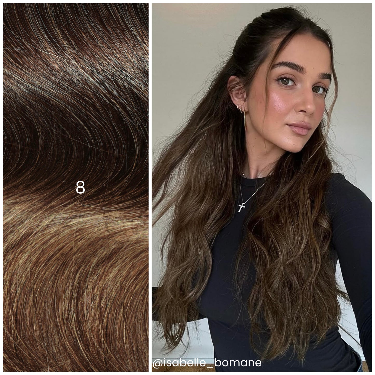 LINEONE hair color swatch 8 wavy dark chocolate brown texture alongside model with long wavy dark brunette hair extensions